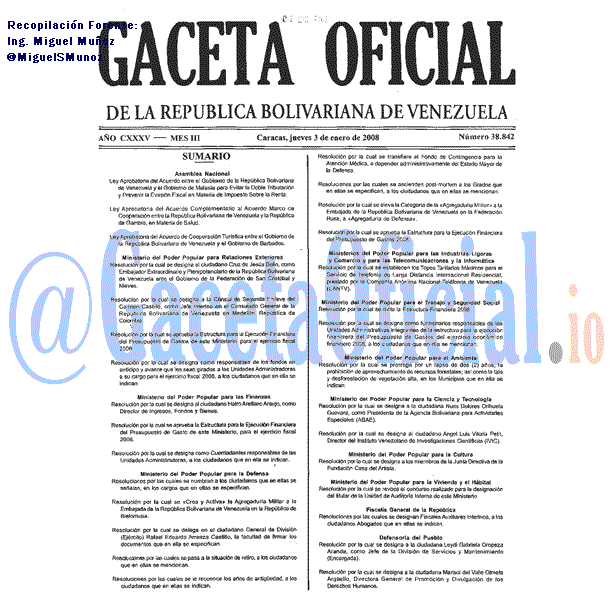 Gaceta Oficial 38842 del 3 Enero 2008