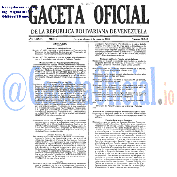 Gaceta Oficial 38843 del 4 Enero 2008