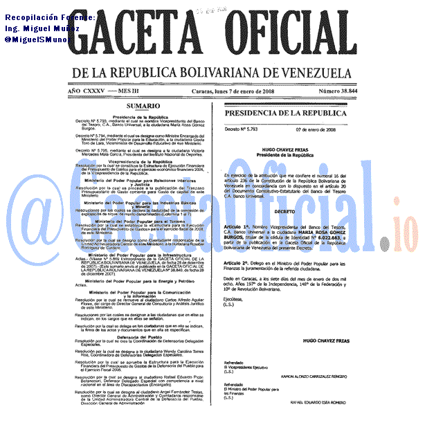 Gaceta Oficial 38844 del 7 Enero 2008
