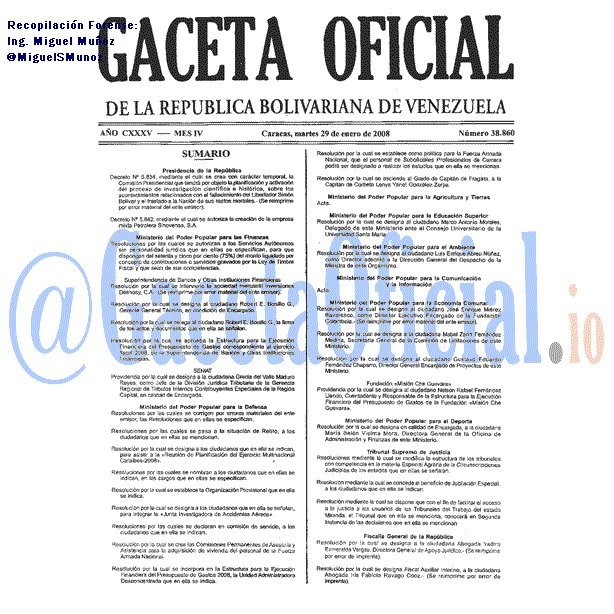 Gaceta Oficial 38860 del 29 Enero 2008