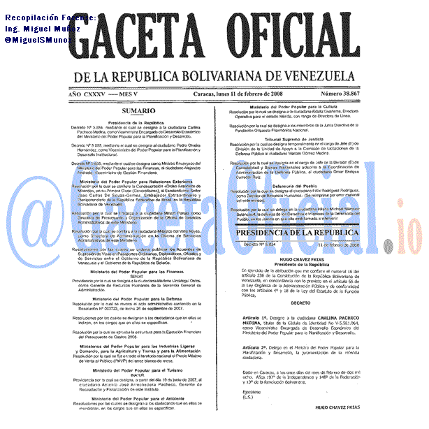 Gaceta Oficial 38867 del 11 Febrero 2008