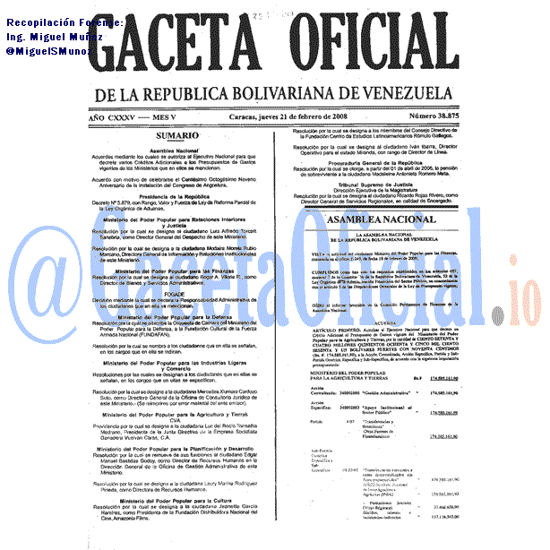 Gaceta Oficial 38875 del 21 Febrero 2008
