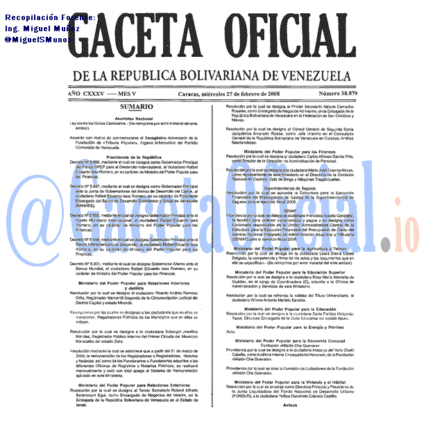 Gaceta Oficial 38879 del 27 Febrero 2008