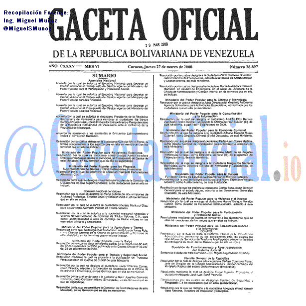 Gaceta Oficial 38897 del 27 Marzo 2008