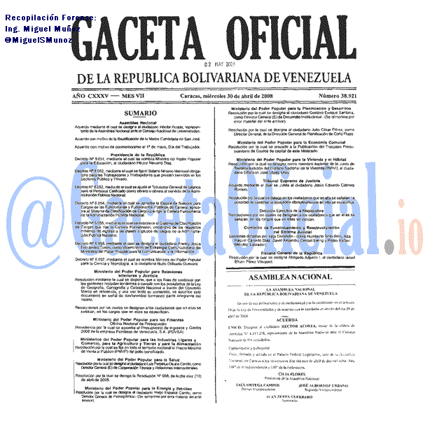 Gaceta Oficial 38921 del 30 Abril 2008