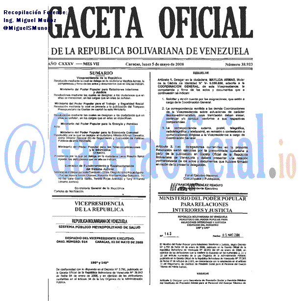 Gaceta Oficial 38923 del 5 Mayo 2008