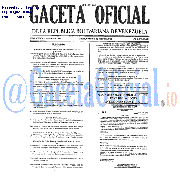 Gaceta Oficial 38947 del 6 Junio 2008