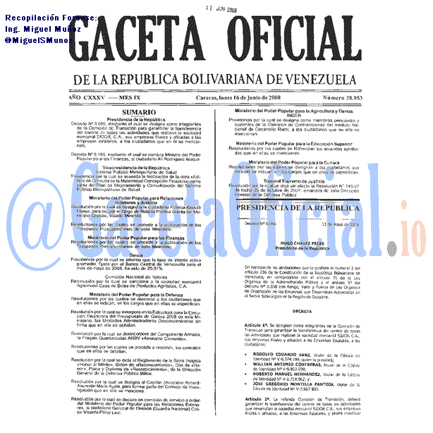 Gaceta Oficial 38953 del 16 Junio 2008