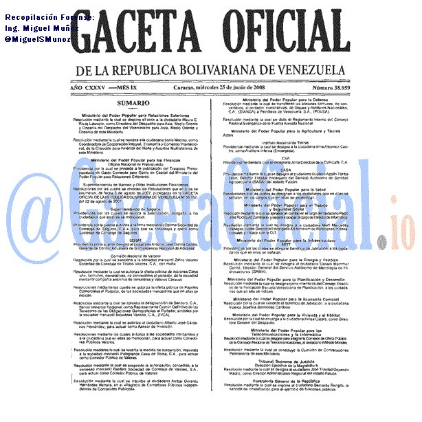 Gaceta Oficial 38959 del 25 Junio 2008