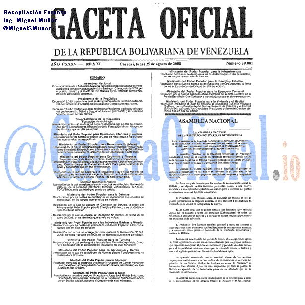 Gaceta Oficial 39001 del 25 Agosto 2008