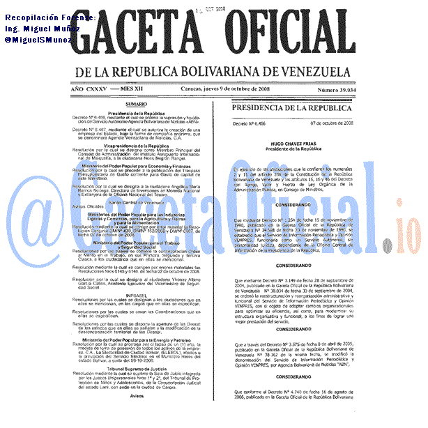 Gaceta Oficial 39034 del 9 Octubre 2008