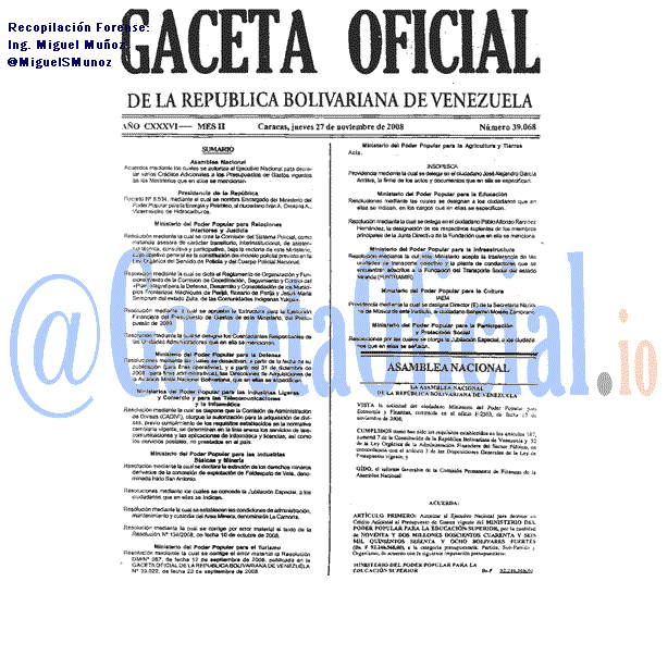 Gaceta Oficial 39068 del 27 Noviembre 2008
