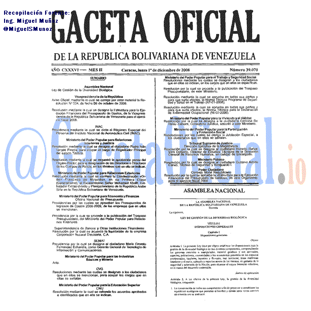 Gaceta Oficial 39070 del 1 Diciembre 2008