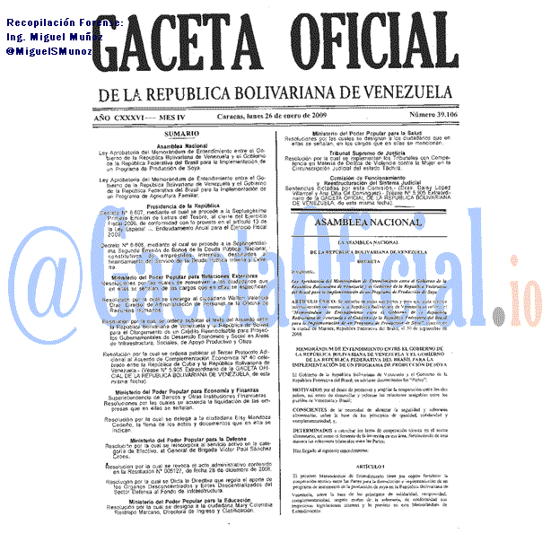 Gaceta Oficial 39106 del 26 Enero 2009