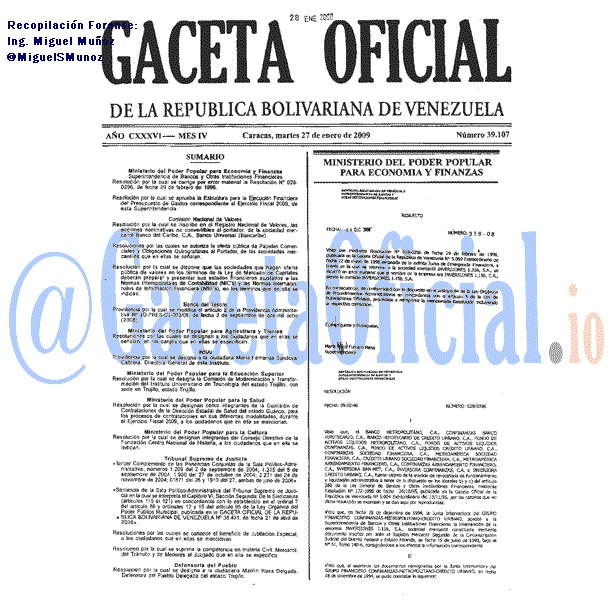 Gaceta Oficial 39107 del 27 Enero 2009