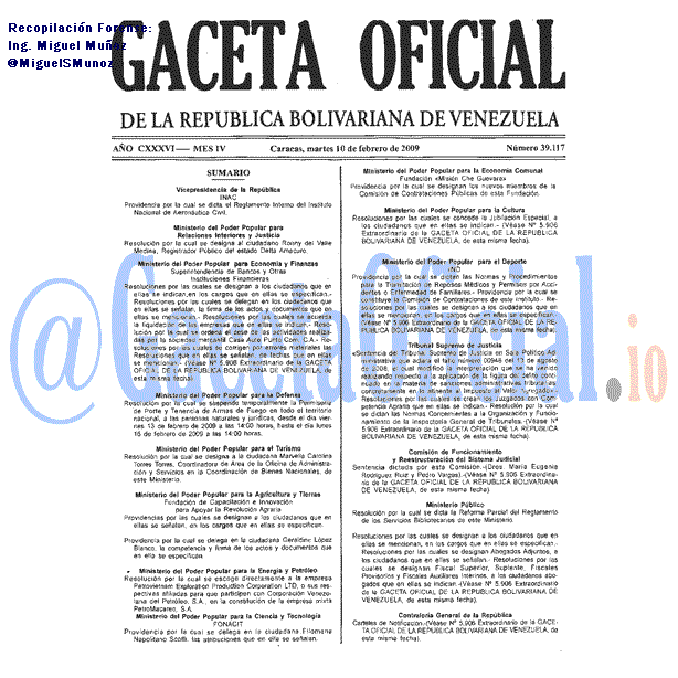 Gaceta Oficial 39117 del 10 Febrero 2009
