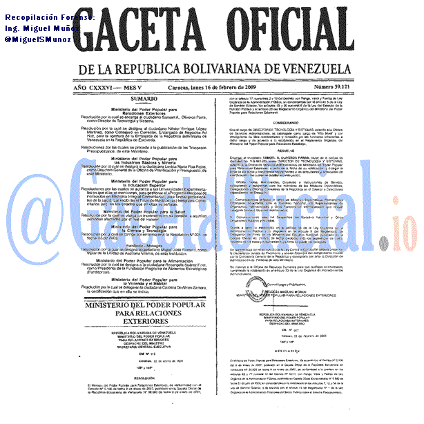 Gaceta Oficial 39121 del 16 Febrero 2009