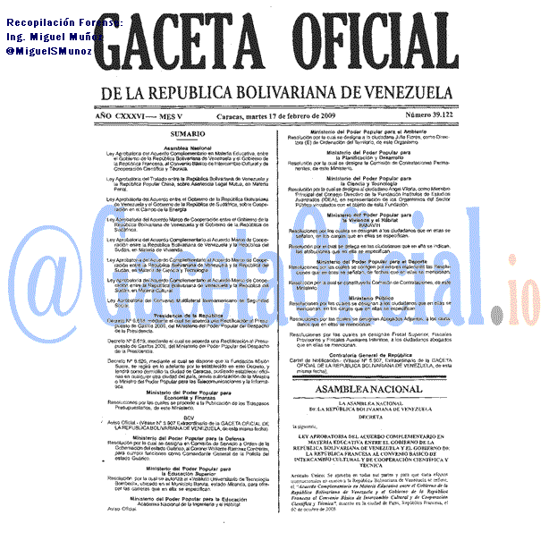 Gaceta Oficial 39122 del 17 Febrero 2009