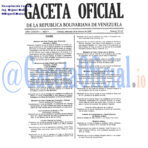 Gaceta Oficial 39123 del 18 Febrero 2009