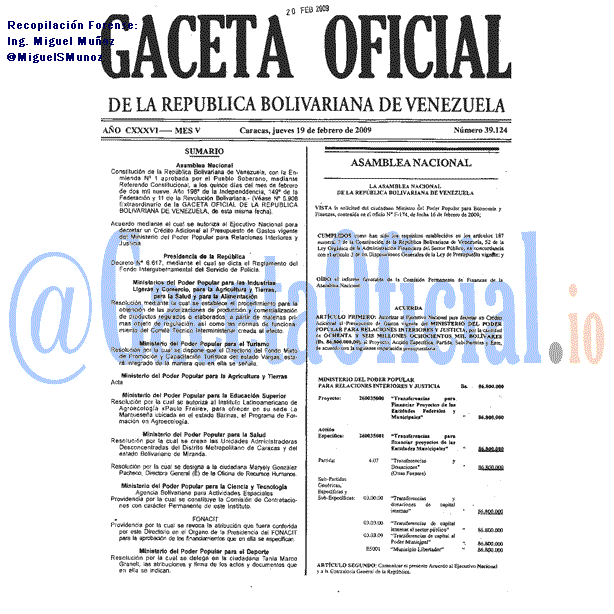 Gaceta Oficial 39124 del 19 Febrero 2009