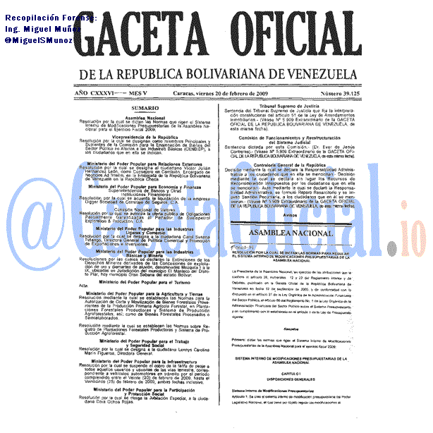 Gaceta Oficial 39125 del 20 Febrero 2009