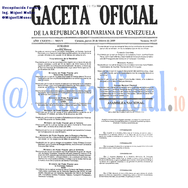 Gaceta Oficial 39127 del 26 Febrero 2009