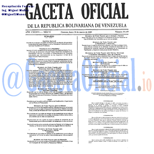 Gaceta Oficial 39149 del 30 Marzo 2009