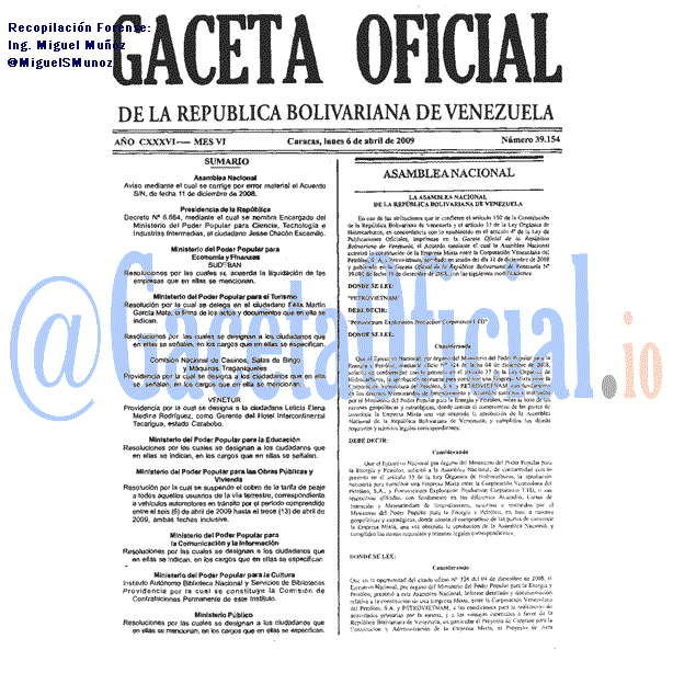 Gaceta Oficial 39154 del 6 Abril 2009