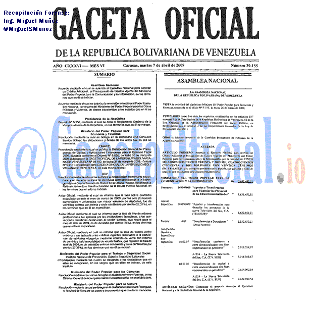 Gaceta Oficial 39155 del 7 Abril 2009