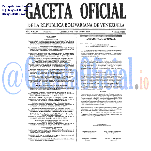 Gaceta Oficial 39159 del 16 Abril 2009