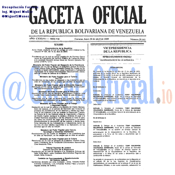 Gaceta Oficial 39161 del 20 Abril 2009