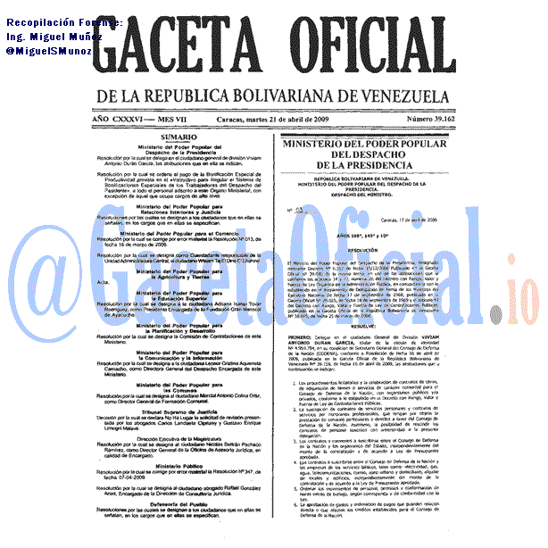 Gaceta Oficial 39162 del 21 Abril 2009