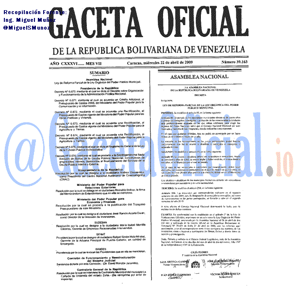 Gaceta Oficial 39163 del 22 Abril 2009