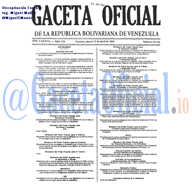 Gaceta Oficial 39164 del 23 Abril 2009