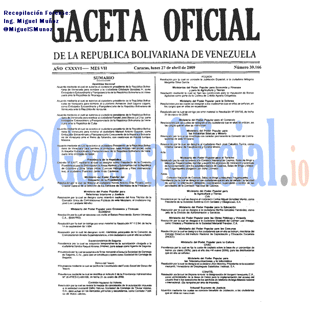 Gaceta Oficial 39166 del 27 Abril 2009