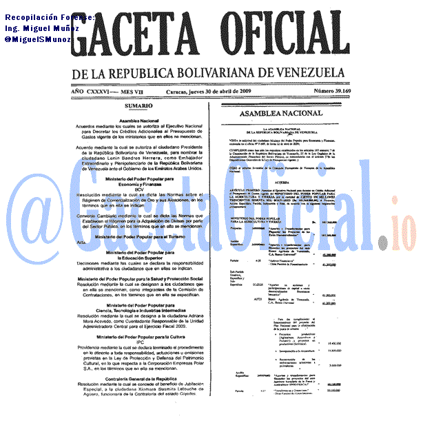 Gaceta Oficial 39169 del 30 Abril 2009