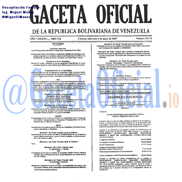 Gaceta Oficial 39172 del 6 Mayo 2009