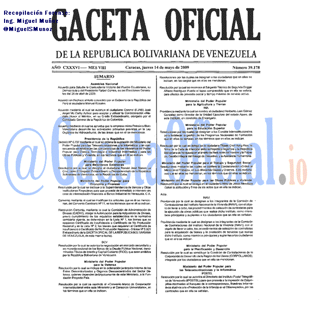 Gaceta Oficial 39178 del 14 Mayo 2009