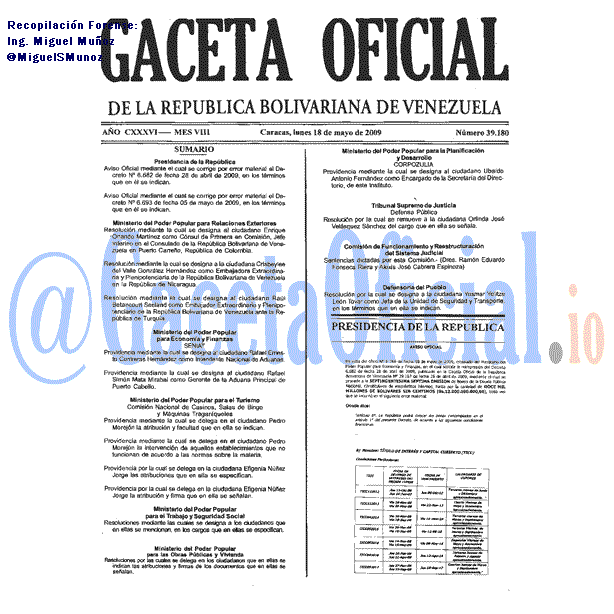 Gaceta Oficial 39180 del 18 Mayo 2009