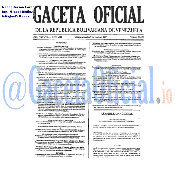 Gaceta Oficial 39196 del 9 Junio 2009