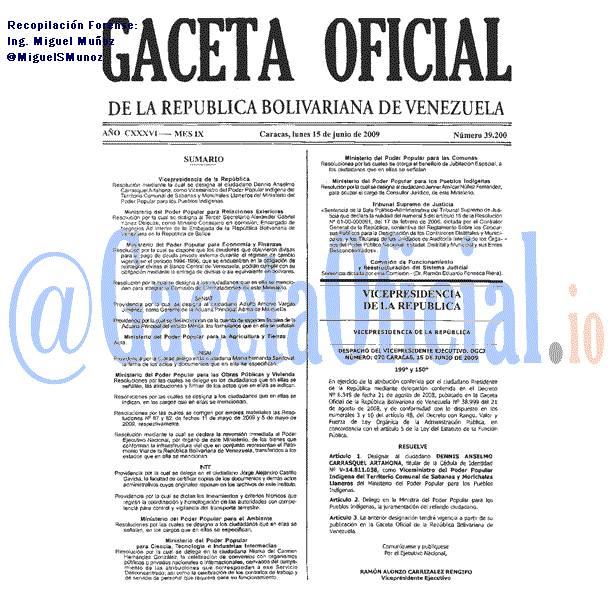 Gaceta Oficial 39200 del 15 Junio 2009