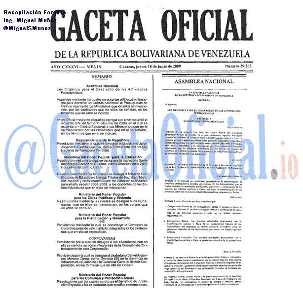 Gaceta Oficial 39203 del 18 Junio 2009