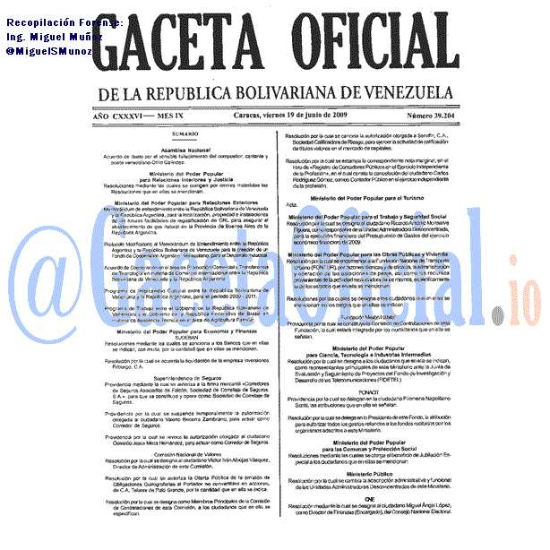Gaceta Oficial 39204 del 19 Junio 2009