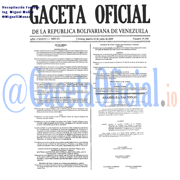 Gaceta Oficial 39206 del 23 Junio 2009