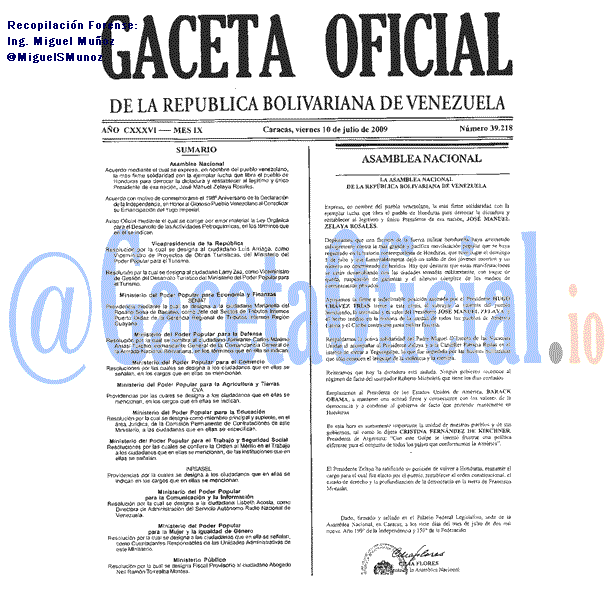 Gaceta Oficial 39218 del 10 Julio 2009