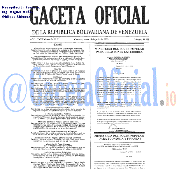 Gaceta Oficial 39219 del 13 Julio 2009