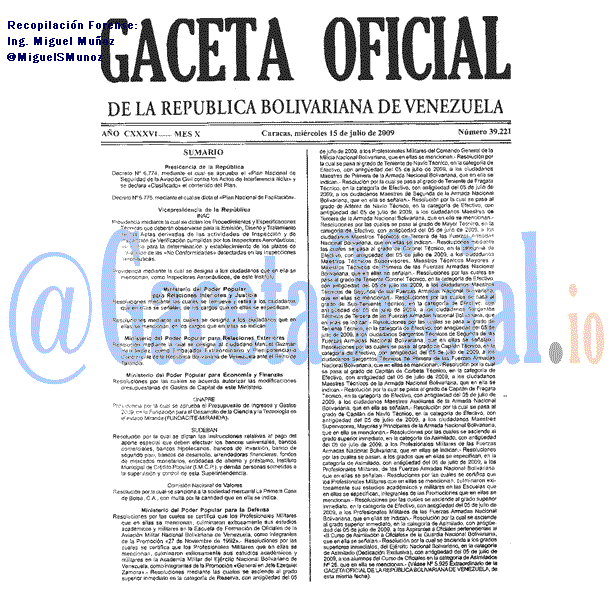 Gaceta Oficial 39221 del 15 Julio 2009