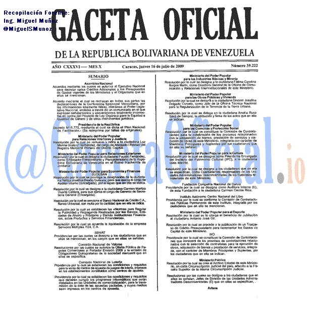 Gaceta Oficial 39222 del 16 Julio 2009