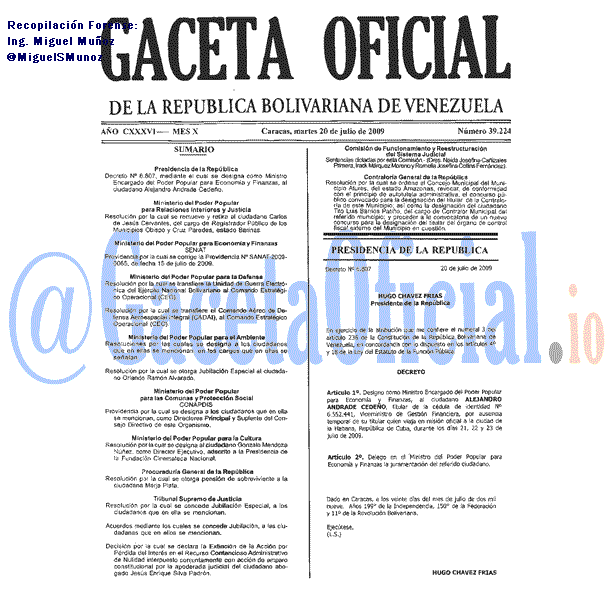 Gaceta Oficial 39224 del 20 Julio 2009