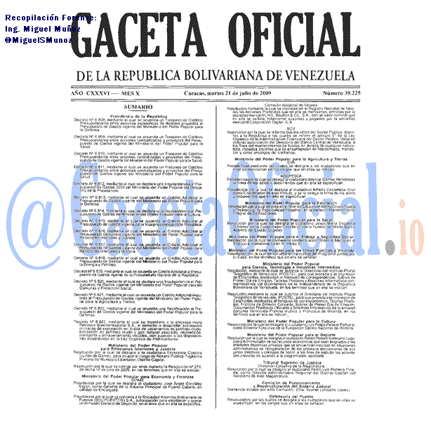 Gaceta Oficial 39225 del 21 Julio 2009